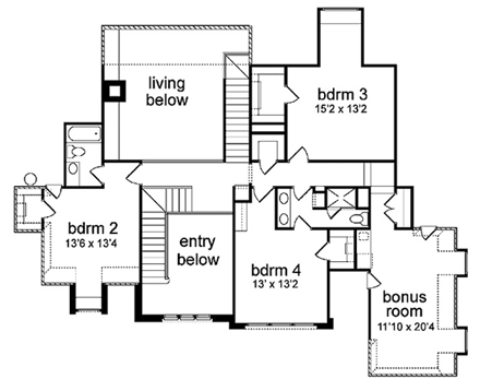 European, Tudor House Plan 89964 with 4 Beds, 4 Baths, 3 Car Garage Second Level Plan