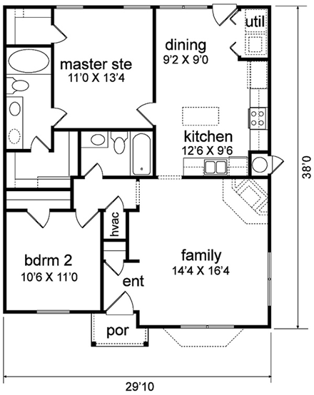 Narrow Lot, One-Story, Traditional House Plan 89965 with 2 Beds, 2 Baths First Level Plan