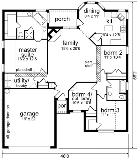 European House Plan 89990 with 4 Beds, 2 Baths, 2 Car Garage First Level Plan