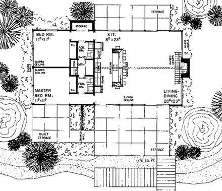 Contemporary, Ranch House Plan 90206 with 2 Beds, 2 Baths First Level Plan