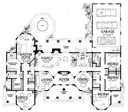 Mediterranean House Plan 90209 with 4 Beds, 3 Baths, 3 Car Garage First Level Plan