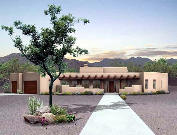 Santa Fe, Southwest House Plan 90211 with 3 Beds, 3 Baths, 3 Car Garage Elevation