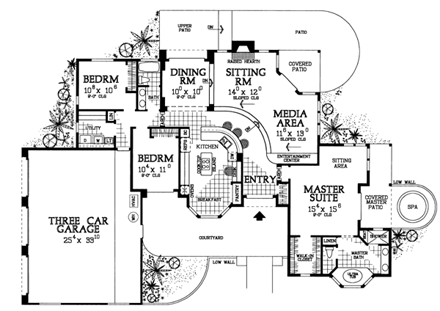 Mediterranean House Plan 90212 with 3 Beds, 2 Baths, 3 Car Garage First Level Plan
