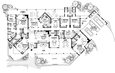 Santa Fe, Southwest House Plan 90215 with 4 Beds, 4 Baths, 3 Car Garage First Level Plan