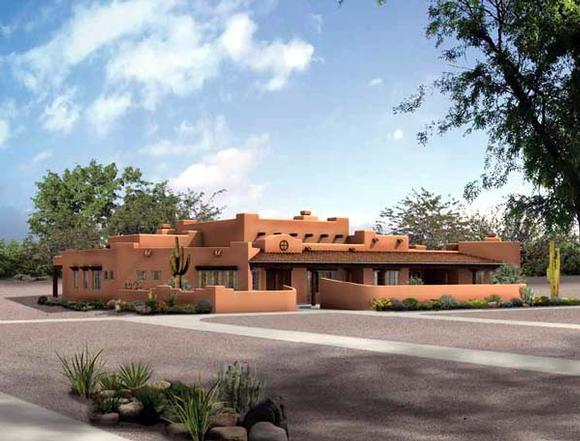 Santa Fe, Southwest House Plan 90215 with 4 Beds, 4 Baths, 3 Car Garage Elevation