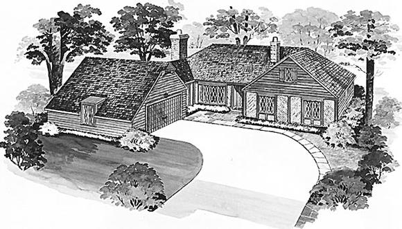 Bungalow, One-Story, Tudor House Plan 90221 with 3 Beds, 3 Baths Elevation