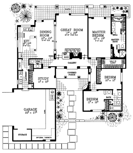 Santa Fe, Southwest House Plan 90231 with 4 Beds, 3 Baths, 2 Car Garage First Level Plan