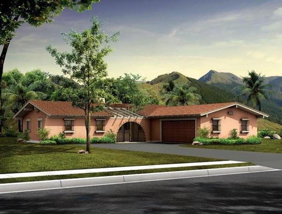 Mediterranean, Ranch, Santa Fe, Southwest House Plan 90240 with 3 Beds, 3 Baths, 2 Car Garage Elevation