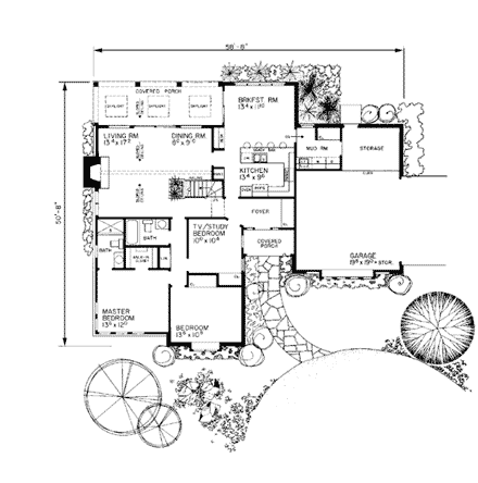 One-Story, Ranch House Plan 90249 with 2 Beds, 2 Baths, 2 Car Garage First Level Plan
