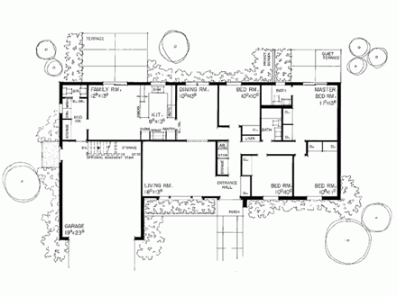 Ranch House Plan 90257 with 4 Beds, 2 Baths, 2 Car Garage First Level Plan