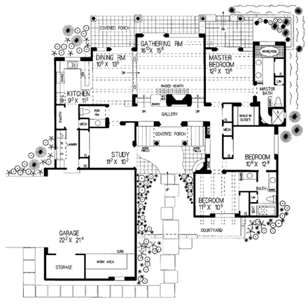 Santa Fe, Southwest House Plan 90259 with 3 Beds, 3 Baths, 2 Car Garage First Level Plan