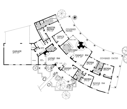 Santa Fe, Southwest House Plan 90260 with 4 Beds, 4 Baths, 3 Car Garage First Level Plan