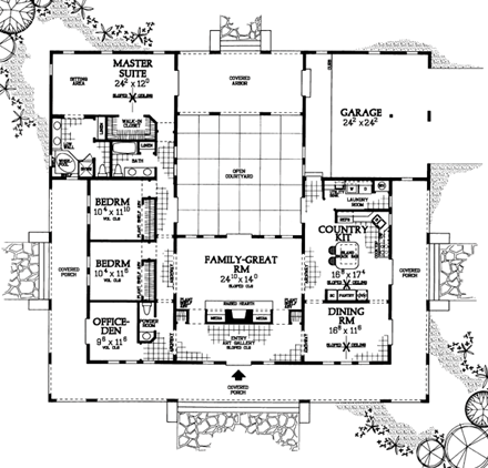 Southwest House Plan 90268 with 3 Beds, 3 Baths, 2 Car Garage First Level Plan