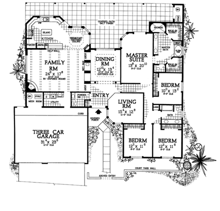 Santa Fe, Southwest House Plan 90272 with 4 Beds, 3 Baths, 3 Car Garage First Level Plan