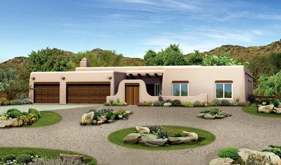 Santa Fe, Southwest House Plan 90272 with 4 Beds, 3 Baths, 3 Car Garage Elevation