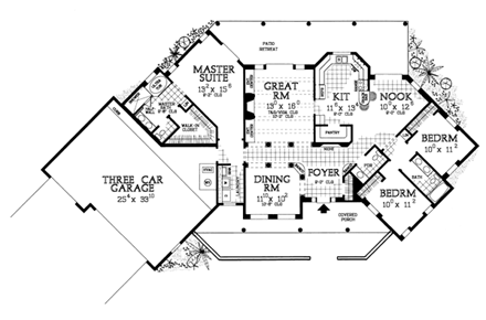 Santa Fe, Southwest House Plan 90273 with 3 Beds, 3 Baths, 3 Car Garage First Level Plan