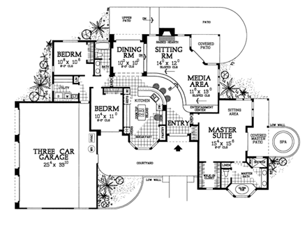 Mediterranean, Ranch, Southwest House Plan 90275 with 3 Beds, 2 Baths, 2 Car Garage First Level Plan