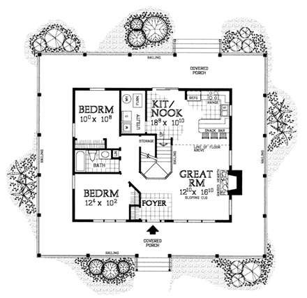 Country, Farmhouse House Plan 90280 with 3 Beds, 2 Baths First Level Plan