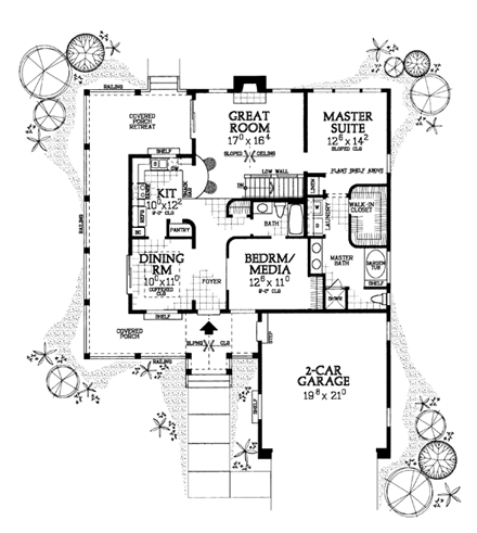 Cottage, Country, Ranch House Plan 90282 with 2 Beds, 2 Baths, 2 Car Garage First Level Plan