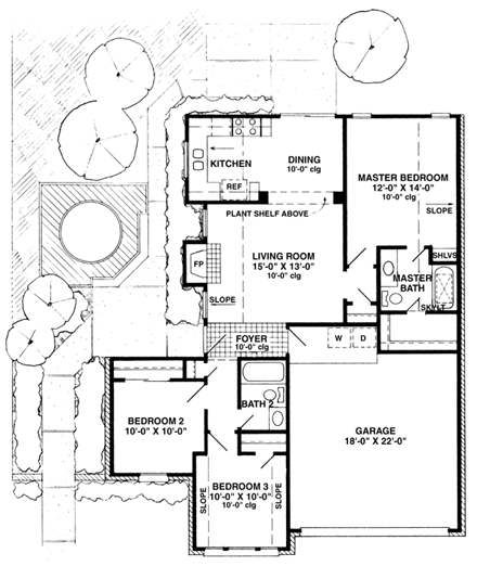 European, Narrow Lot, One-Story House Plan 90346 with 3 Beds, 2 Baths, 2 Car Garage First Level Plan