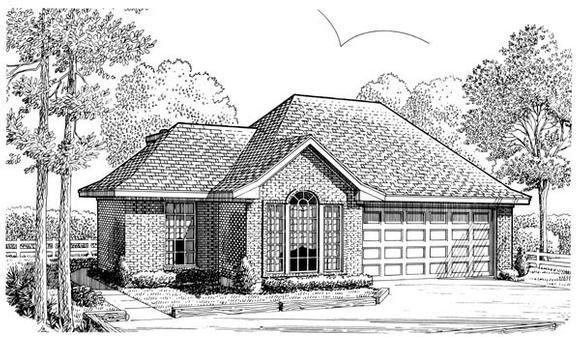 European, Narrow Lot, One-Story House Plan 90346 with 3 Beds, 2 Baths, 2 Car Garage Elevation