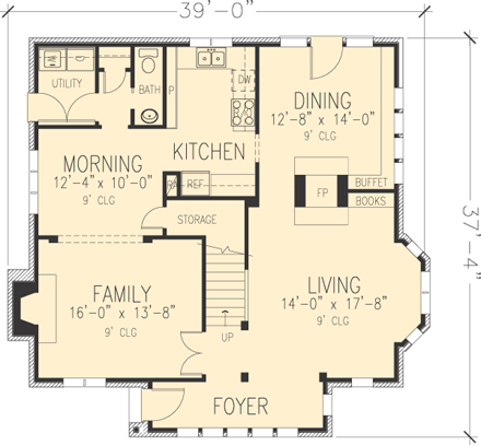 Contemporary, Narrow Lot, Tudor House Plan 90348 with 3 Beds, 3 Baths, 2 Car Garage First Level Plan
