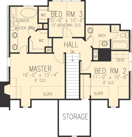 Contemporary, Narrow Lot, Tudor House Plan 90348 with 3 Beds, 3 Baths, 2 Car Garage Second Level Plan