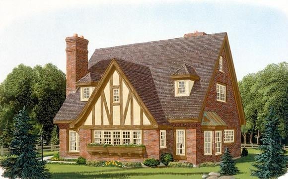 Contemporary, Narrow Lot, Tudor House Plan 90348 with 3 Beds, 3 Baths, 2 Car Garage Elevation