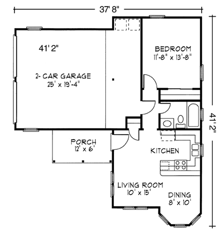 Contemporary, Country, Narrow Lot, One-Story House Plan 90365 with 1 Beds, 1 Baths, 2 Car Garage First Level Plan