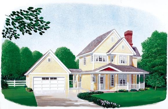 Country, Farmhouse, Narrow Lot House Plan 90388 with 3 Beds, 3 Baths, 2 Car Garage Elevation