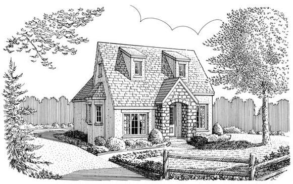 Cottage, Country, European, Narrow Lot, Traditional House Plan 90398 with 1 Beds, 1 Baths Elevation