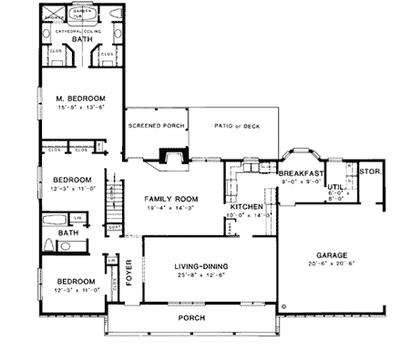 One-Story, Ranch House Plan 90407 with 3 Beds, 2 Baths, 2 Car Garage First Level Plan