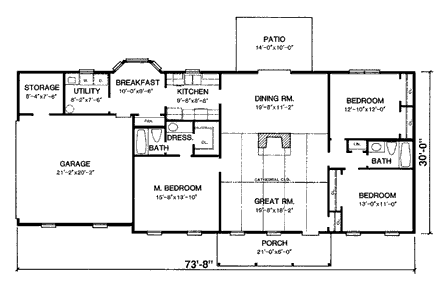 One-Story, Ranch House Plan 90409 with 3 Beds, 2 Baths, 2 Car Garage First Level Plan