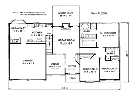 Traditional House Plan 90464 with 3 Beds, 2 Baths, 2 Car Garage First Level Plan