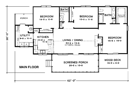 Country House Plan 90479 with 3 Beds, 2 Baths First Level Plan