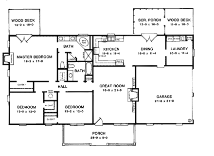 One-Story, Ranch House Plan 90489 with 3 Beds, 2 Baths, 2 Car Garage First Level Plan