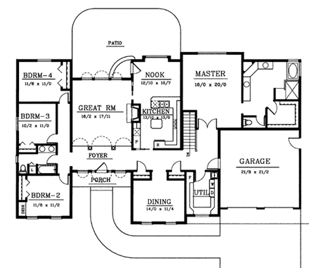 European, Mediterranean, One-Story House Plan 90706 with 4 Beds, 2 Baths, 2 Car Garage First Level Plan