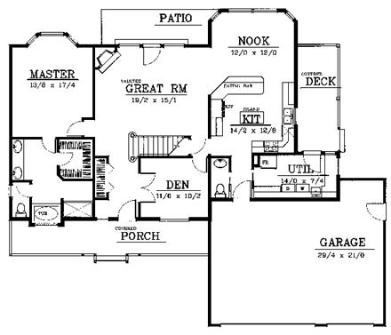 Country, Traditional House Plan 90744 with 4 Beds, 3 Baths, 3 Car Garage First Level Plan