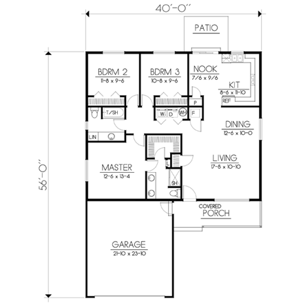 Ranch House Plan 90753 with 3 Beds, 2 Baths, 2 Car Garage First Level Plan