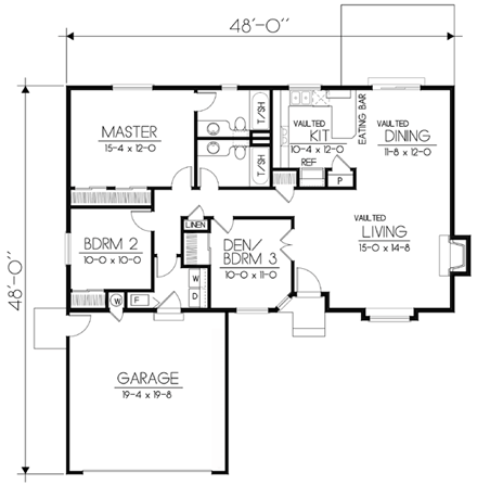 Ranch House Plan 90754 with 3 Beds, 2 Baths, 2 Car Garage First Level Plan