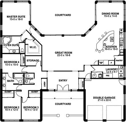 Southwest House Plan 90883 with 4 Beds, 3 Baths First Level Plan