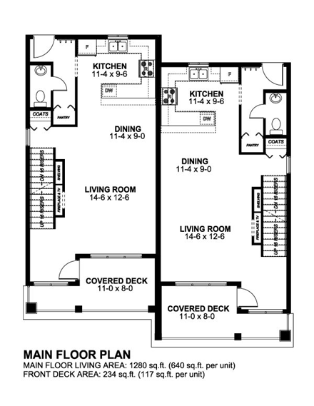 Multi-Family Plan 90887 with 8 Beds, 8 Baths, 2 Car Garage First Level Plan