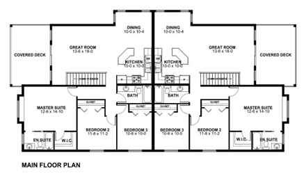 Craftsman Multi-Family Plan 90973 with 8 Beds, 6 Baths, 4 Car Garage First Level Plan