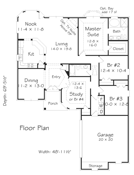 House Plan 91101 with 3 Beds, 2 Baths, 2 Car Garage First Level Plan