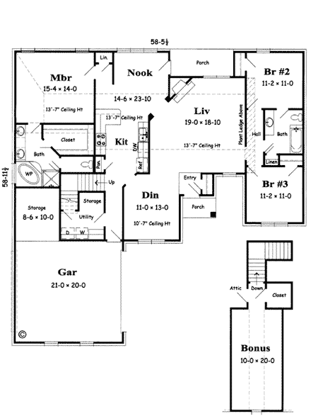 Traditional House Plan 91105 with 3 Beds, 2 Baths, 2 Car Garage First Level Plan