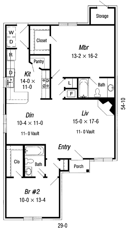 Traditional House Plan 91120 with 2 Beds, 2 Baths First Level Plan