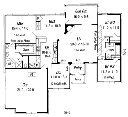 Tudor House Plan 91129 with 3 Beds, 2 Baths, 2 Car Garage First Level Plan