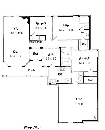 One-Story, Ranch House Plan 91156 with 3 Beds, 2 Baths, 2 Car Garage First Level Plan