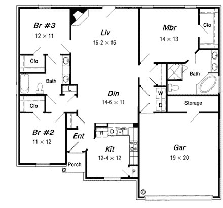 European House Plan 91158 with 3 Beds, 2 Baths, 2 Car Garage First Level Plan