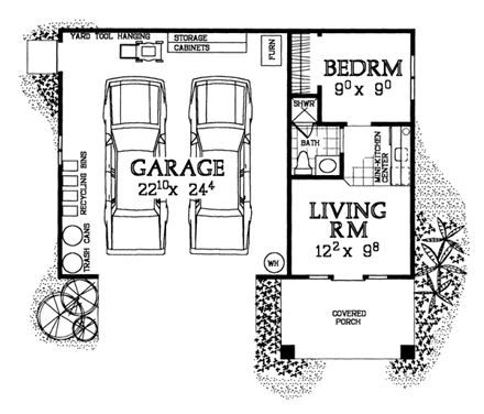 2 Car Garage Apartment Plan 91263 with 1 Beds, 1 Baths First Level Plan